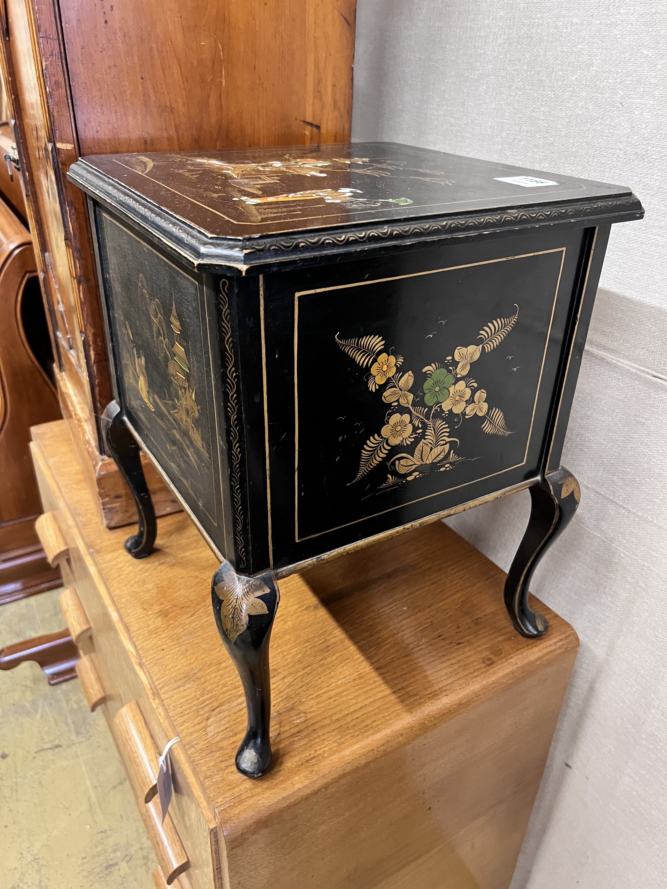 A 1930's chinoiserie lacquered work box, width 36cm